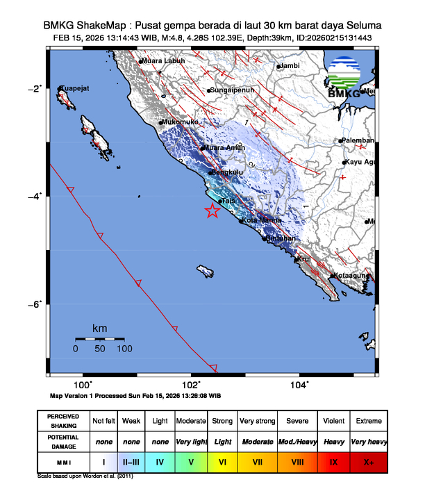 Gempa Magnitudo 4.8, 30km dari Barat daya Seluma, Bengkulu