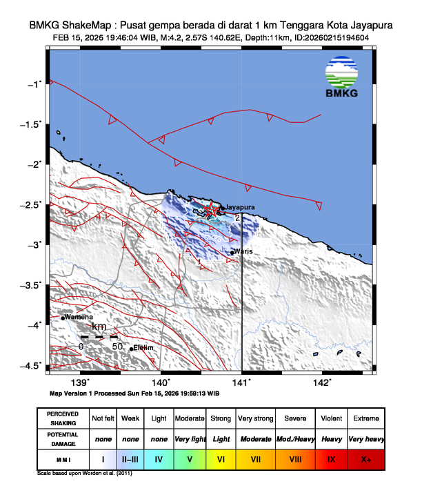 Gempa Magnitudo 4.2, 1km dari Tenggara Kota Jayapura