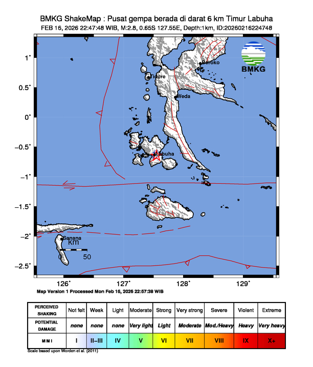 Gempa Magnitudo 2.8, 6km dari Timur Labuha, Bacan, Maluku Utara