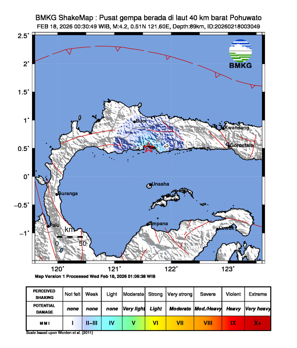 Gempa Magnitudo 4.2, 40km dari Barat Pohuwato, Gorontalo