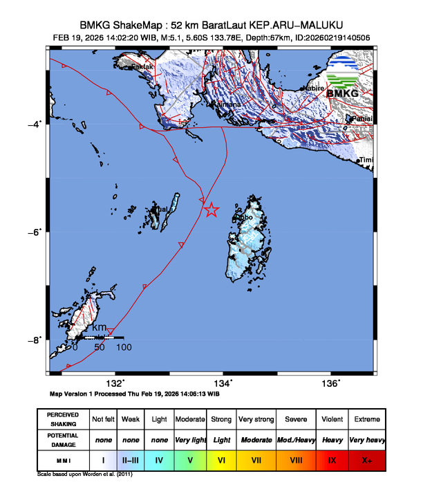 Gempa Magnitudo 5.1, 52km dari Barat Laut Kepulauan Aru, Maluku
