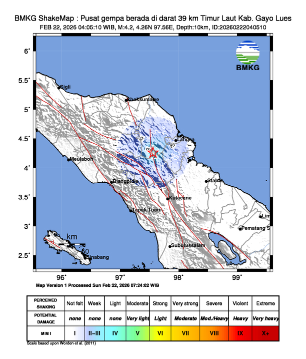 Gempa Magnitudo 4.2, 39km dari Timur Laut Kab. Gayo Lues