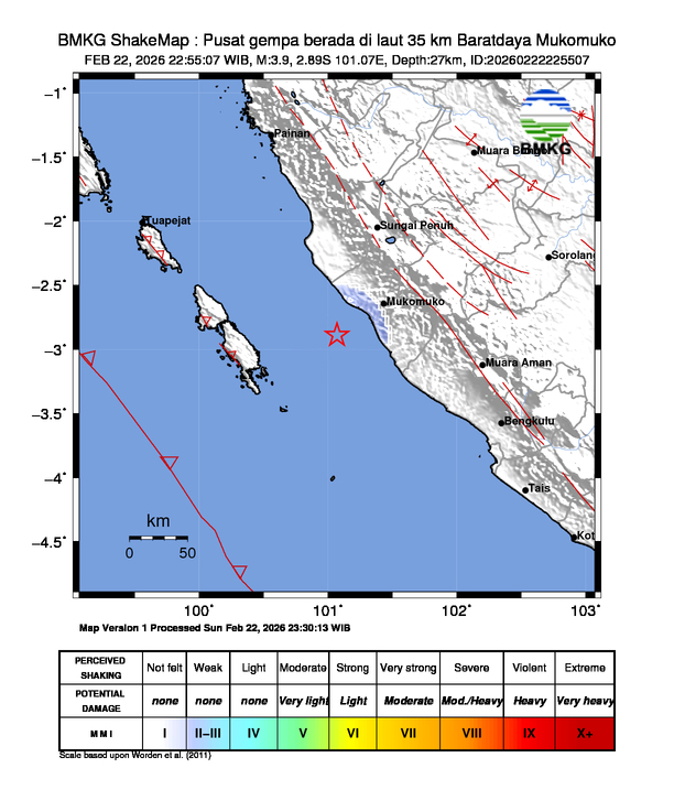 Gempa Magnitudo 3.9, 35km dari Barat daya Mukomuko, Bengkulu
