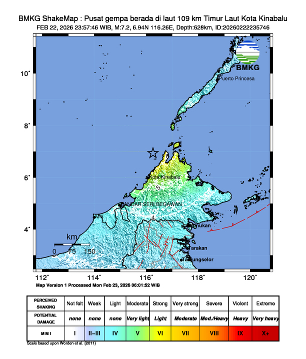 Gempa Magnitudo 7.2, 109km dari Timur Laut Kota Kinabalu