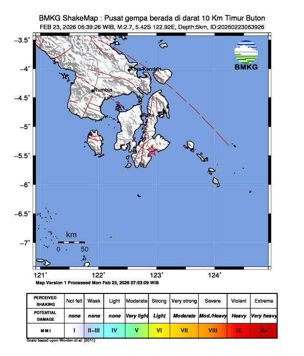 Gempa Magnitudo 2.7, 10 Km Timur Buton