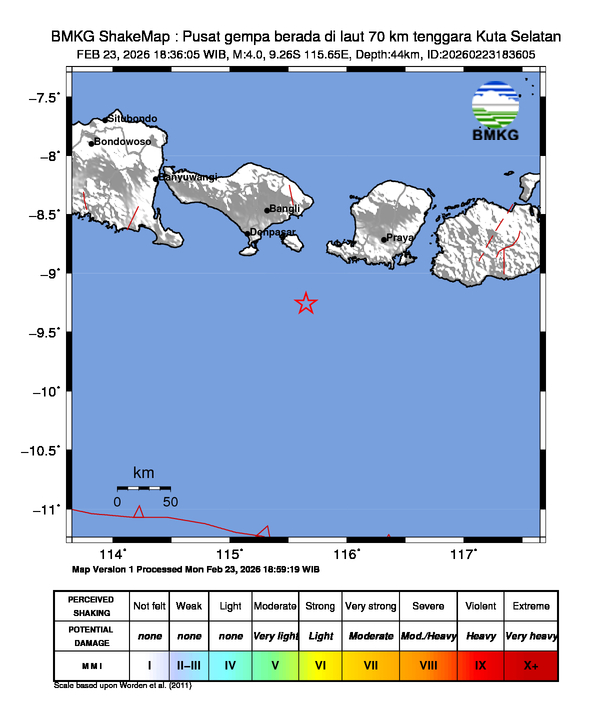Gempa Magnitudo 4.0, 70km dari tenggara Kuta Selatan