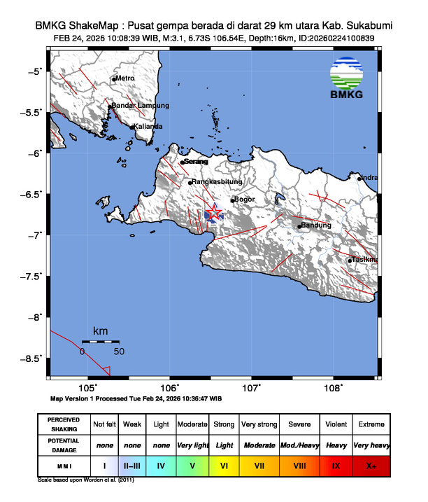 Gempa Magnitudo 3.1, 29km dari utara Kab. Sukabumi