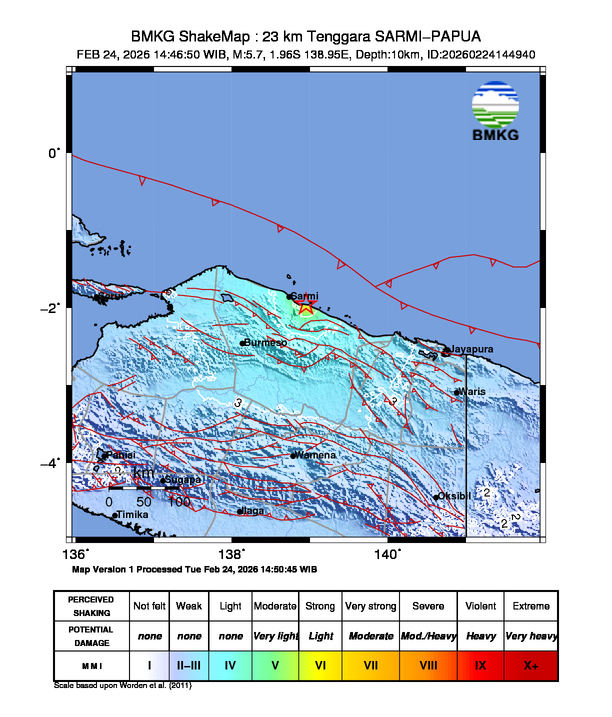 Peta gempa 23 km Tenggara SARMI-PAPUA