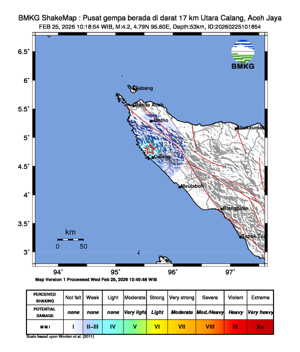 Gempa Magnitudo 4.2, 17km dari Utara Calang, Aceh Jaya