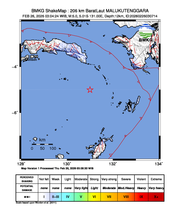 Peta gempa 206 km BaratLaut MALUKUTENGGARA