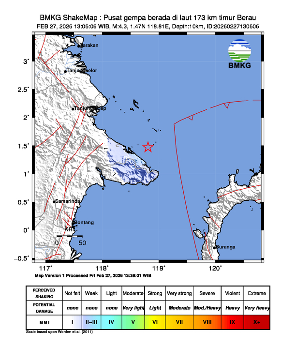 Gempa Magnitudo 4.3, 173km dari timur Berau