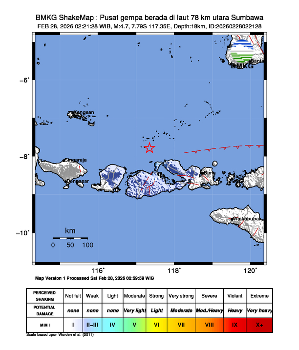 Gempa Magnitudo 4.7, 78km dari utara Sumbawa