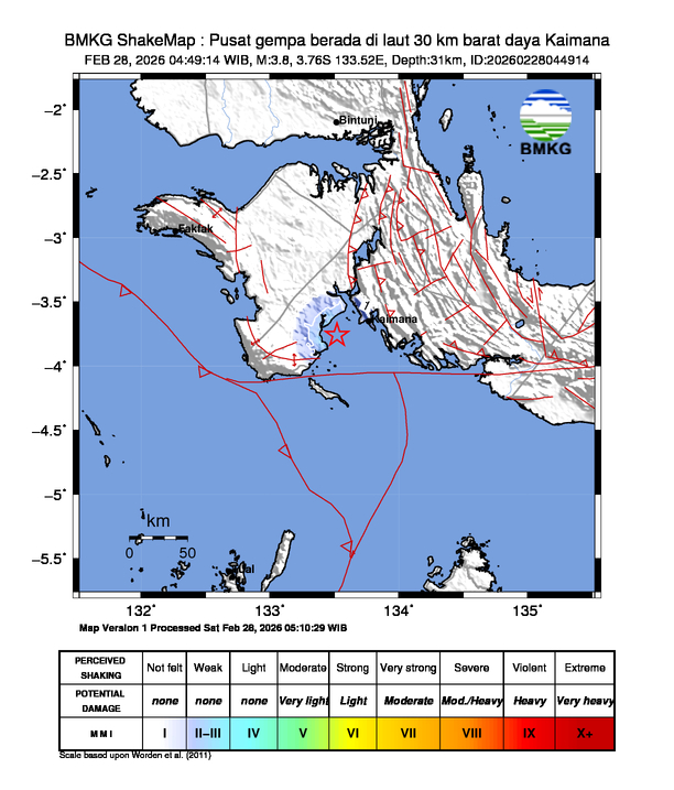 Gempa Magnitudo 3.8, 30km dari barat daya Kaimana