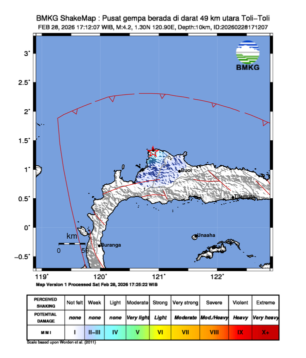 Gempa Magnitudo 4.2, 49km dari utara Toli-Toli