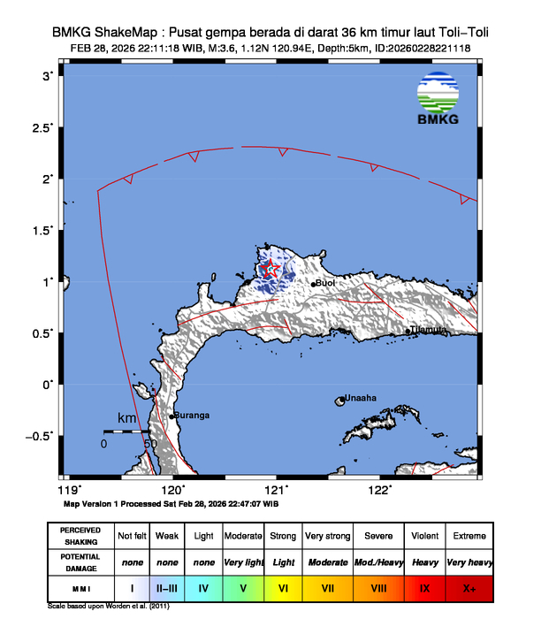 Gempa Magnitudo 3.6, 36km dari timur laut Toli-Toli