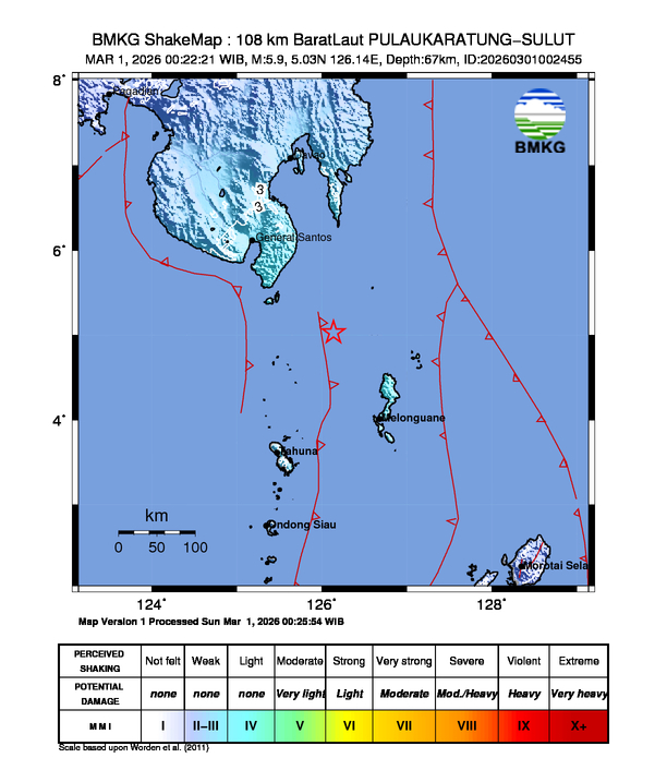 Peta gempa 108 km BaratLaut PULAUKARATUNG-SULUT