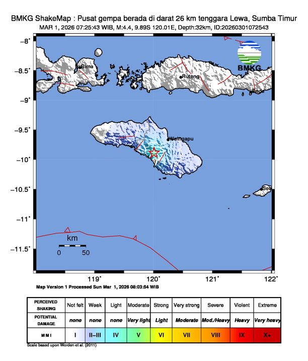 Gempa Magnitudo 4.4, 26km dari tenggara Lewa, Sumba Timur