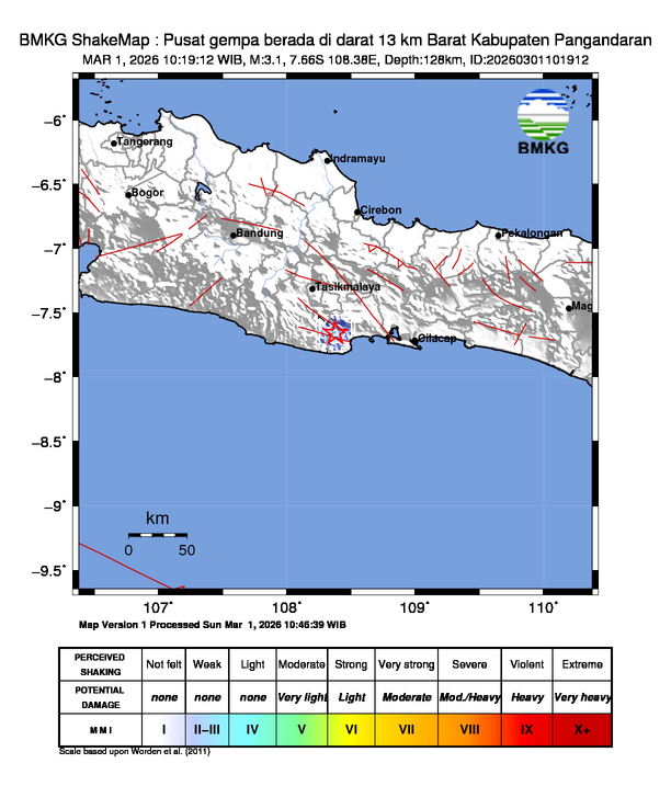 Gempa Magnitudo 3.1, 13km dari Barat Kabupaten Pangandaran