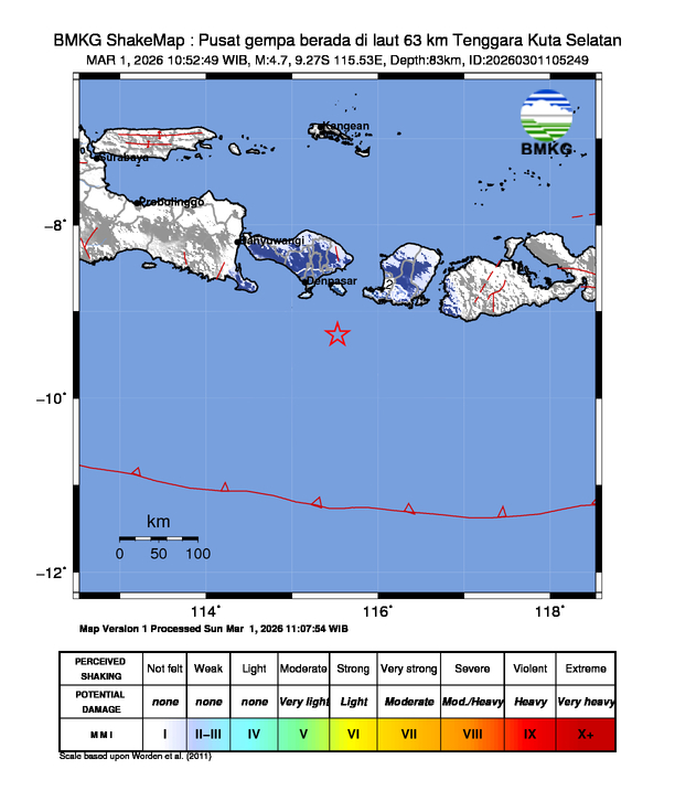Gempa Magnitudo 4.7, 63km dari Tenggara Kuta Selatan