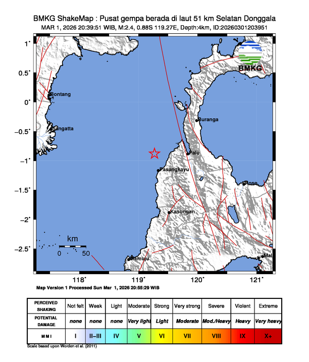 Gempa Magnitudo 2.4, 51km dari Selatan Donggala