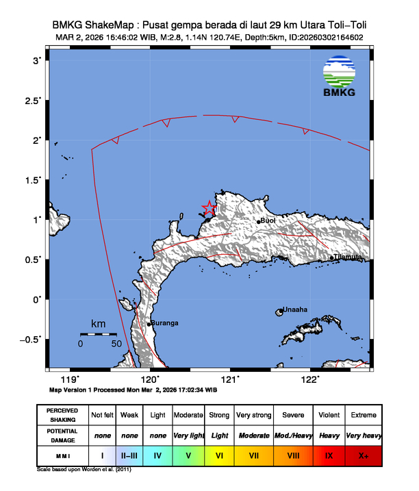 Gempa Magnitudo 2.8, 29km dari Utara Toli-Toli