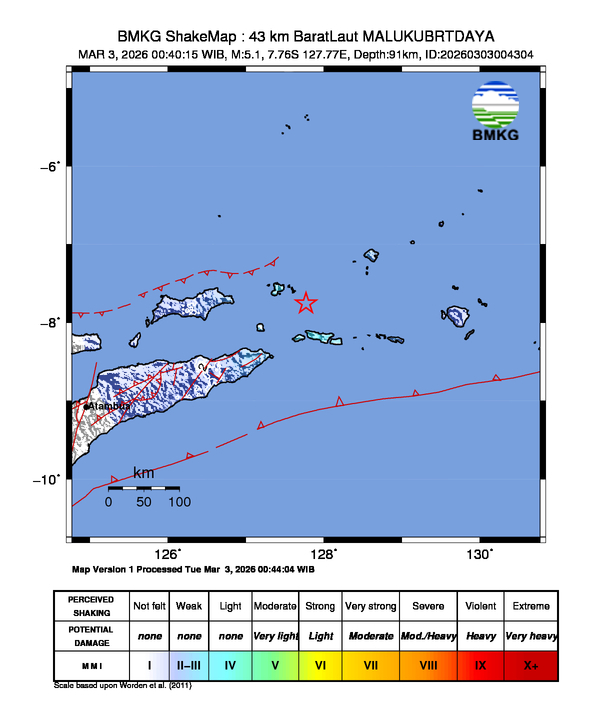 Peta gempa 43 km BaratLaut MALUKUBRTDAYA