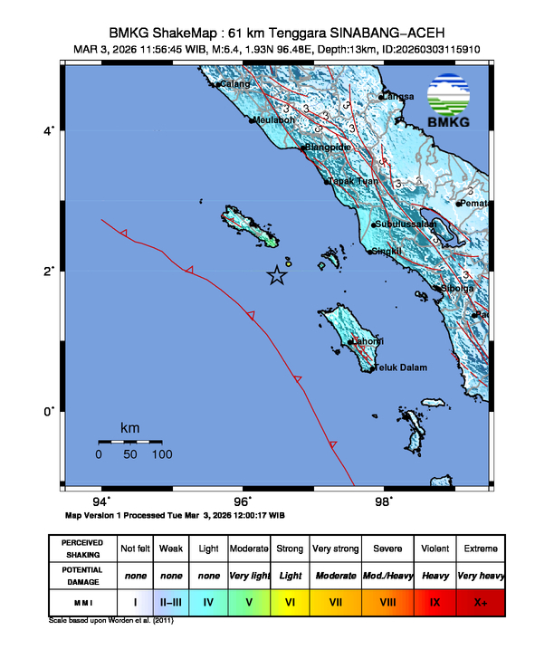 Peta gempa 61 km Tenggara SINABANG-ACEH