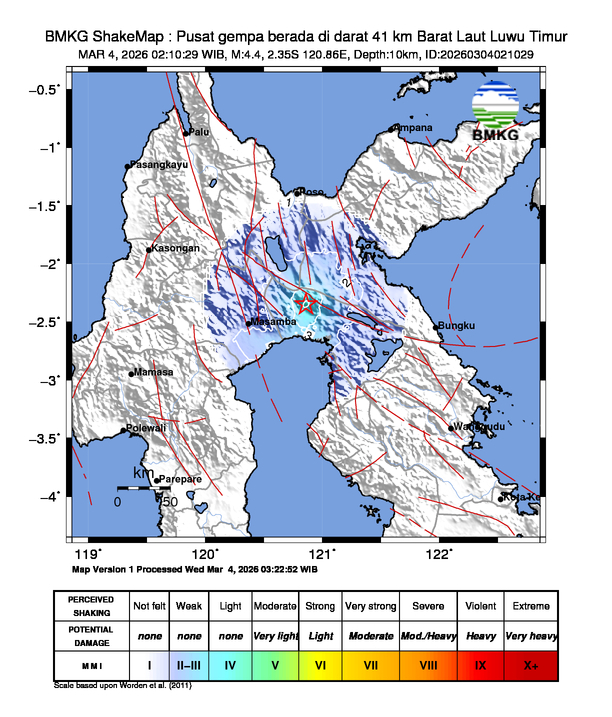 Gempa Magnitudo 4.4, 41km dari Barat Laut Luwu Timur