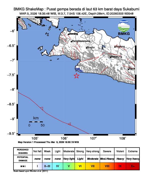 Gempa Magnitudo 3.7, 63km dari barat daya Sukabumi