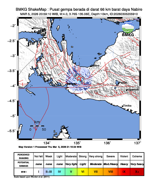 Gempa Magnitudo 4.0, 66km dari barat daya Nabire
