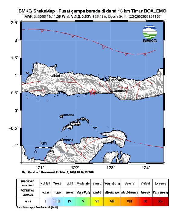 Gempa Magnitudo 2.3, 16km dari Timur BOALEMO