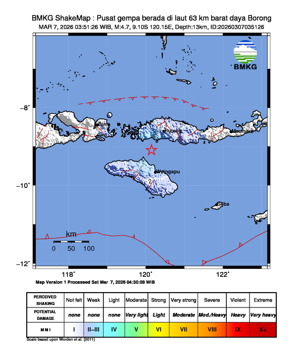 Gempa Magnitudo 4.7, 63km dari barat daya Borong