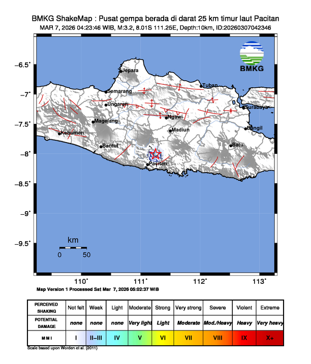 Gempa Magnitudo 3.2, 25km dari timur laut Pacitan