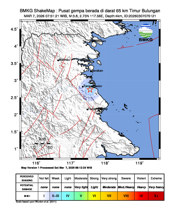 Gempa Magnitudo 3.8, 65km dari Timur Bulungan