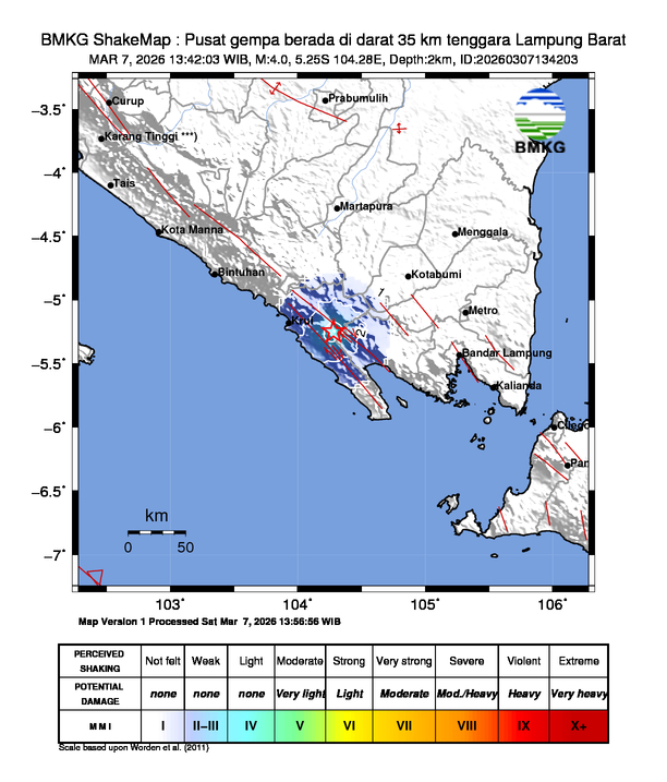 Gempa Magnitudo 4.0, 35km dari tenggara Lampung Barat