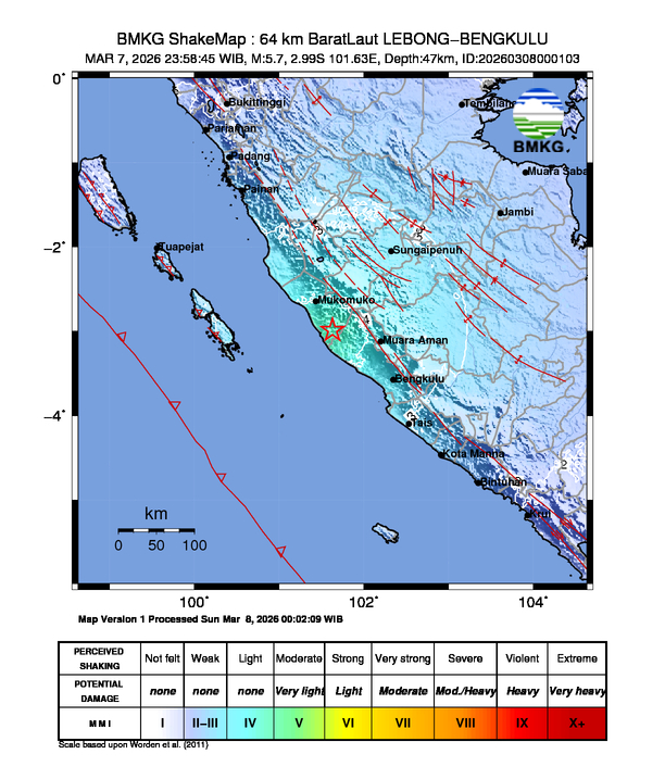 Peta gempa 64 km BaratLaut LEBONG-BENGKULU