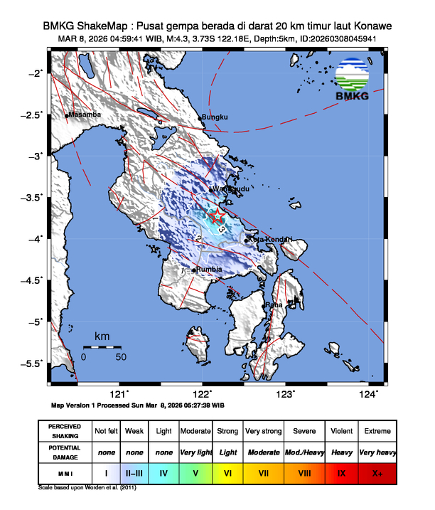 Gempa Magnitudo 4.3, 20km dari timur laut Konawe