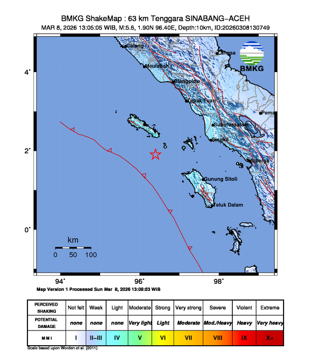Peta gempa 63 km Tenggara SINABANG-ACEH