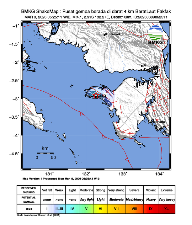 Gempa Magnitudo 4.1, 4km dari BaratLaut Fakfak