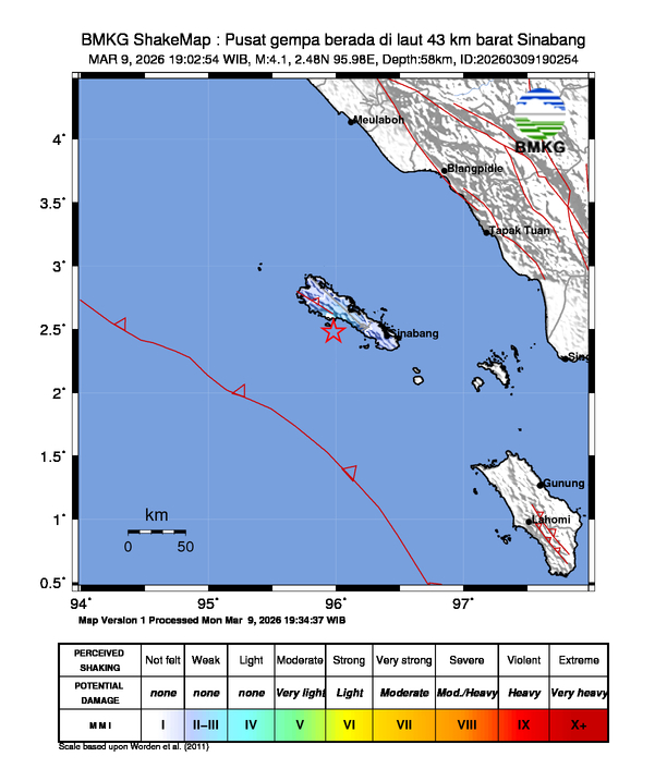 Gempa Magnitudo 4.1, 43km dari barat Sinabang