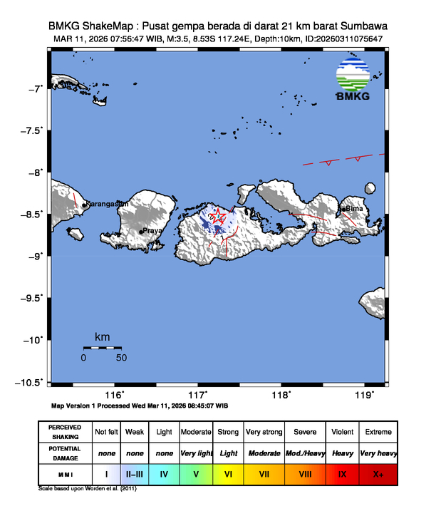 Gempa Magnitudo 3.5, 21km dari Barat Sumbawa, Nusa Tenggara Barat