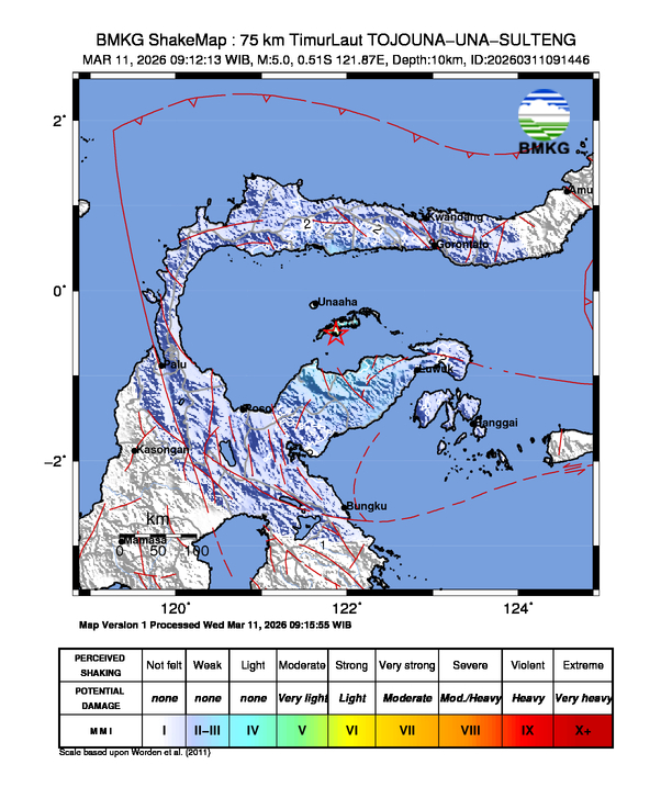 Peta gempa 75 km TimurLaut TOJOUNA-UNA-SULTENG
