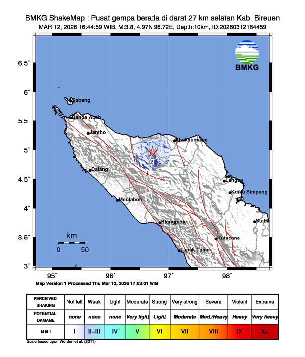 Gempa Magnitudo 3.8, 27km dari selatan Kab. Bireuen