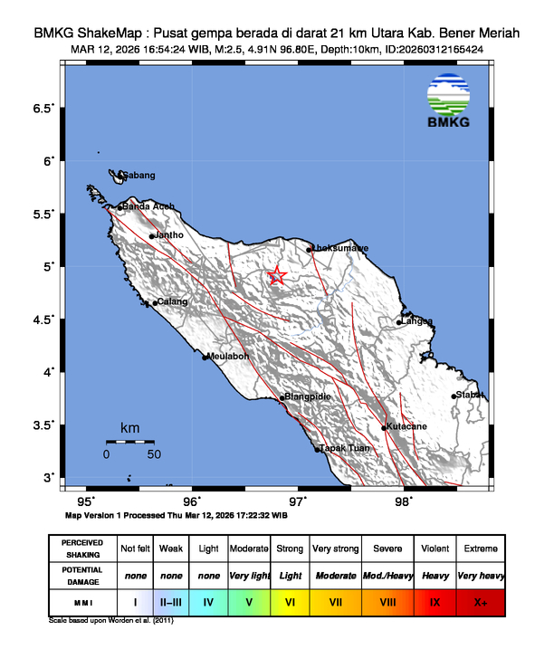 Gempa Magnitudo 2.5, 21km dari Utara Kab. Bener Meriah
