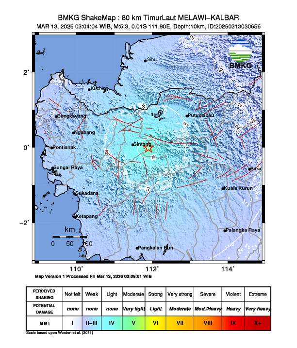 Peta gempa 80 km TimurLaut MELAWI-KALBAR