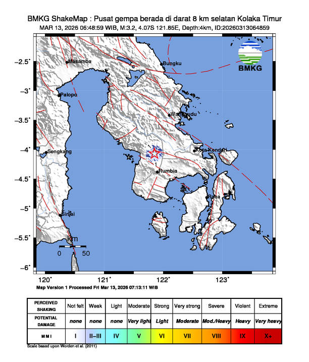 Gempa Magnitudo 3.2, 8km dari selatan Kolaka Timur