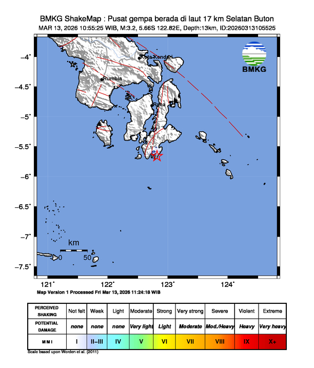 Gempa Magnitudo 3.2, 17km dari Selatan Buton