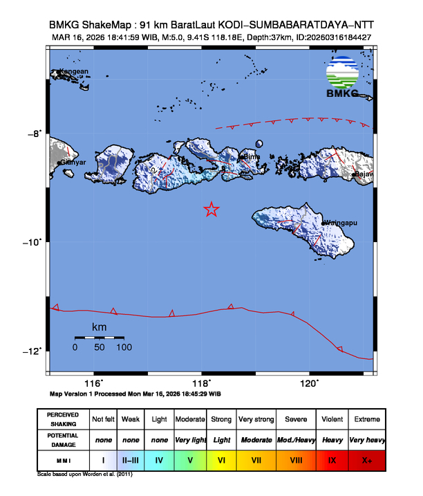 Peta gempa 91 km BaratLaut KODI-SUMBABARATDAYA-NTT
