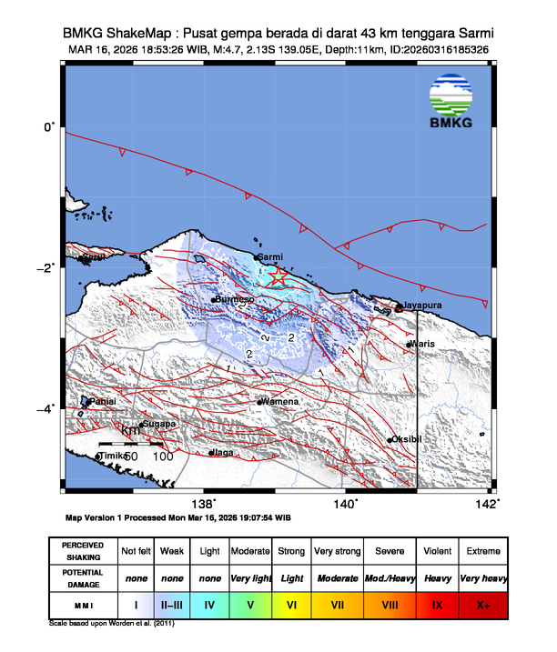 Gempa Magnitudo 4.7, 43km dari tenggara Sarmi