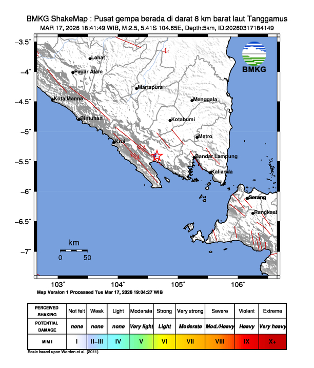 Gempa Magnitudo 2.5, 8km dari barat laut Tanggamus
